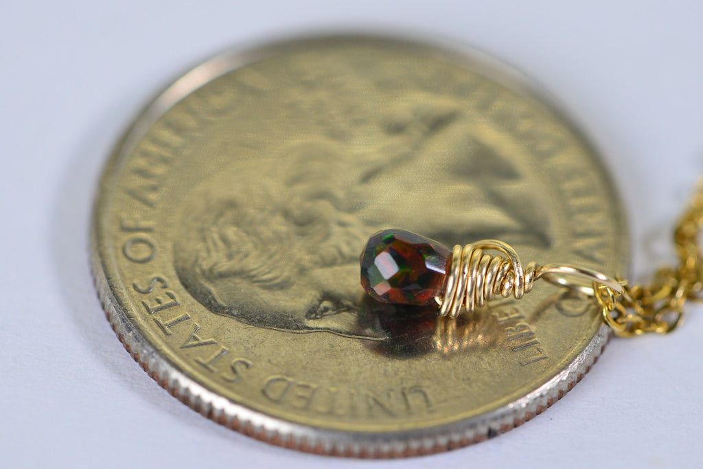 Black Opal Birthstone Charm: 14K Gold Filled Wire Wrapped Pendant