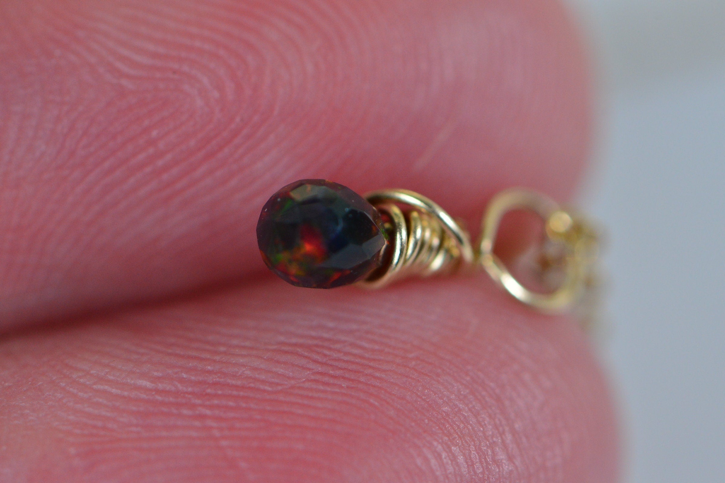 Black Opal Birthstone Charm: 14K Gold Filled Wire Wrapped Pendant