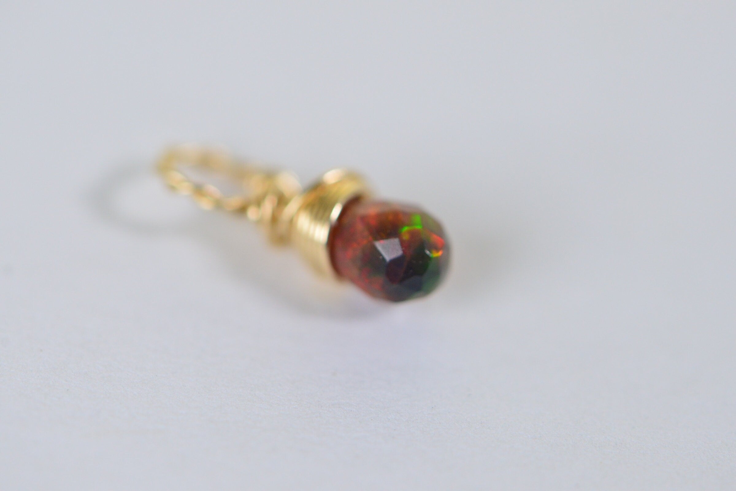 Black Opal Birthstone Charm: 14K Gold Filled Wire Wrapped Pendant