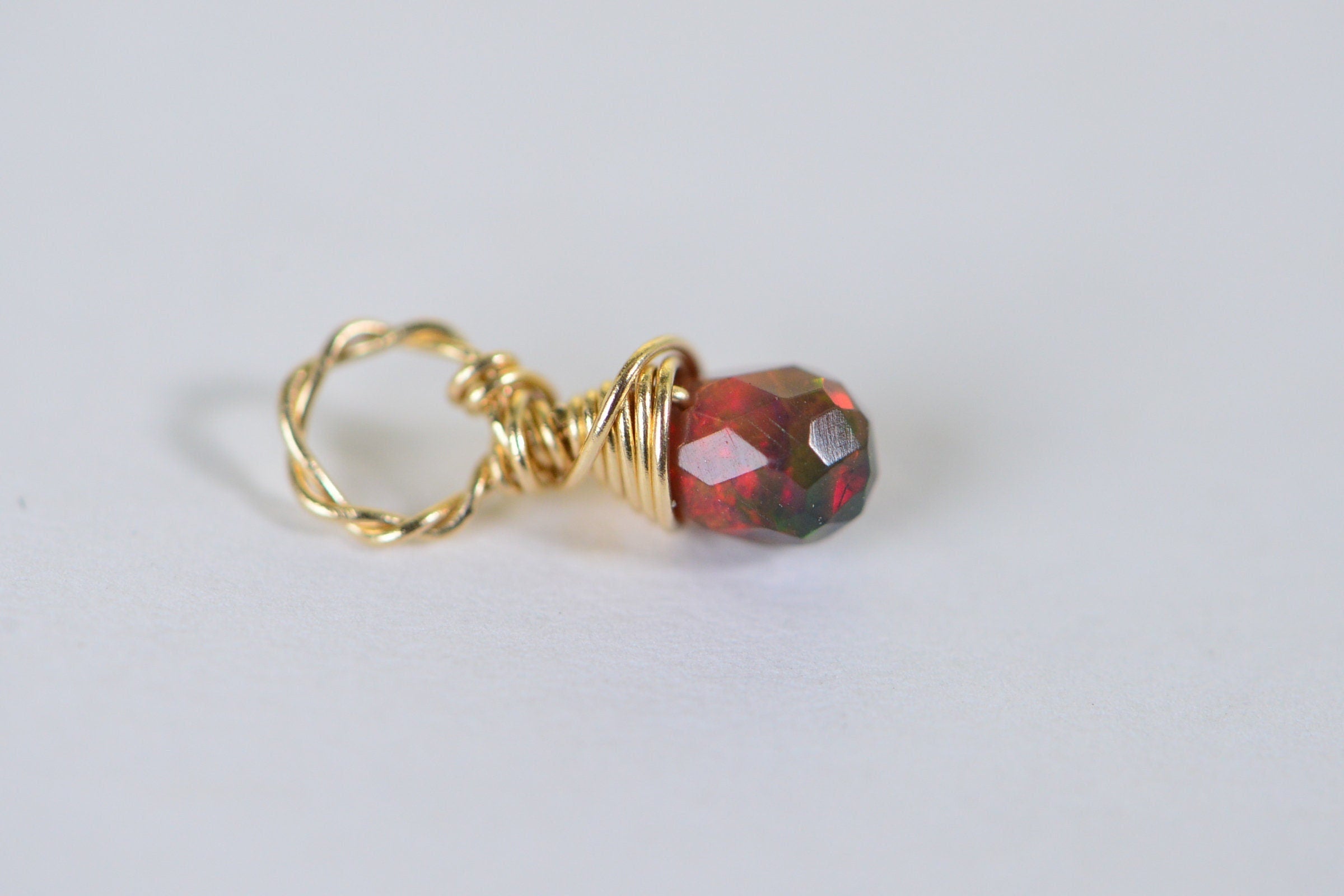 Black Opal Birthstone Charm: 14K Gold Filled Wire Wrapped Pendant