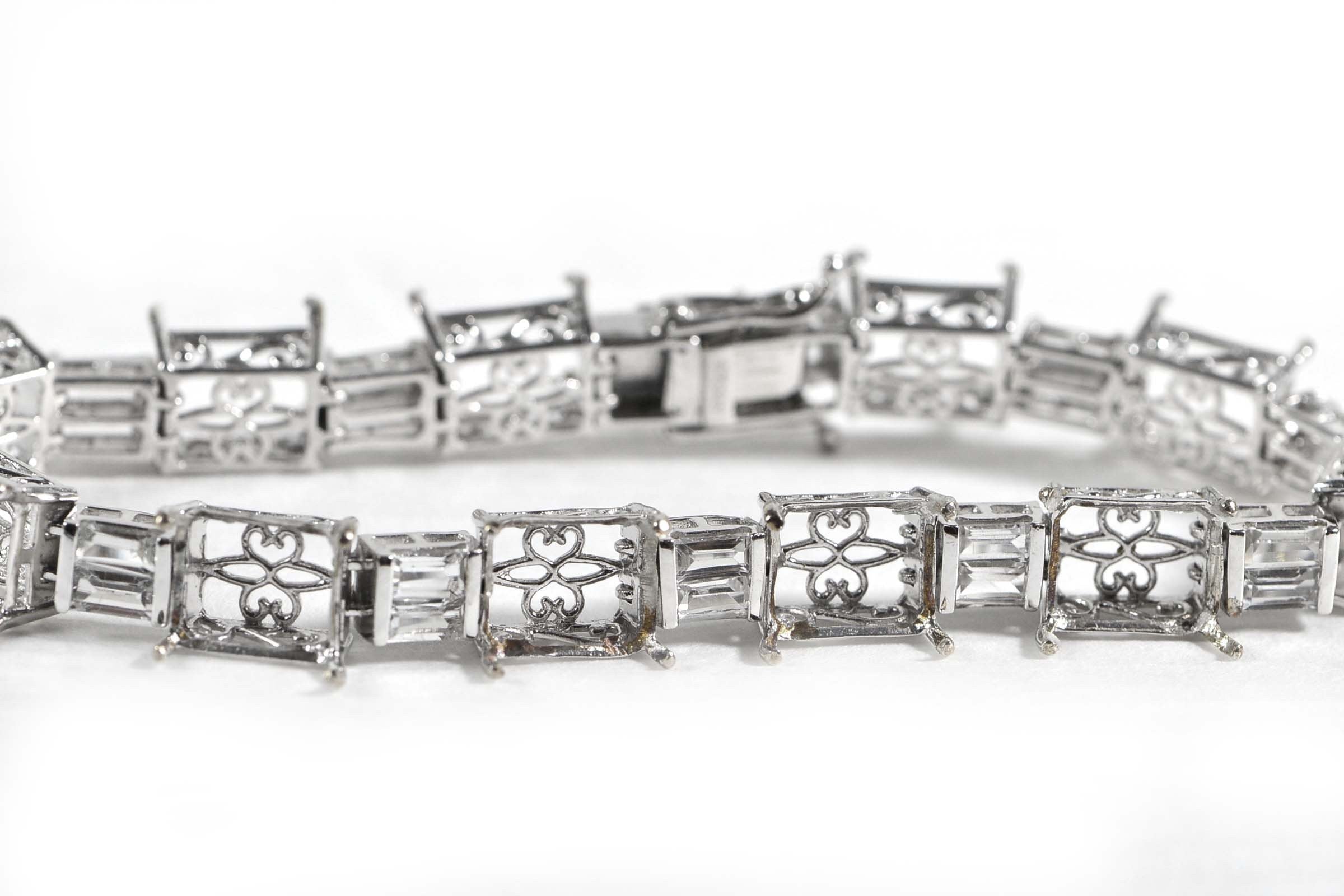 Sterling Silver CZ Baguette Link Bracelet: 8x10mm Emerald Setting