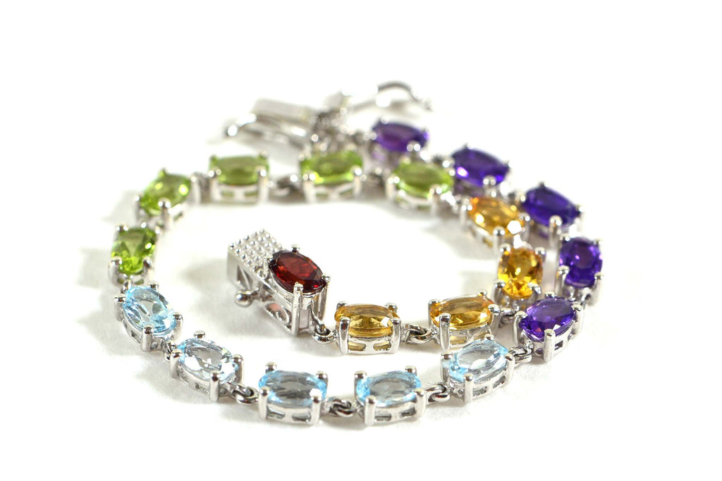 Multi Gemstone Tennis Bracelet: Garnet, Topaz, Peridot, Citrine, Amethyst, Sterling Silver