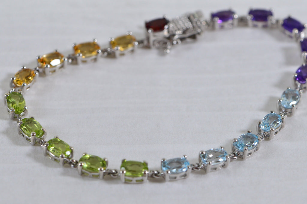 Multi Gemstone Tennis Bracelet: Garnet, Topaz, Peridot, Citrine, Amethyst, Sterling Silver