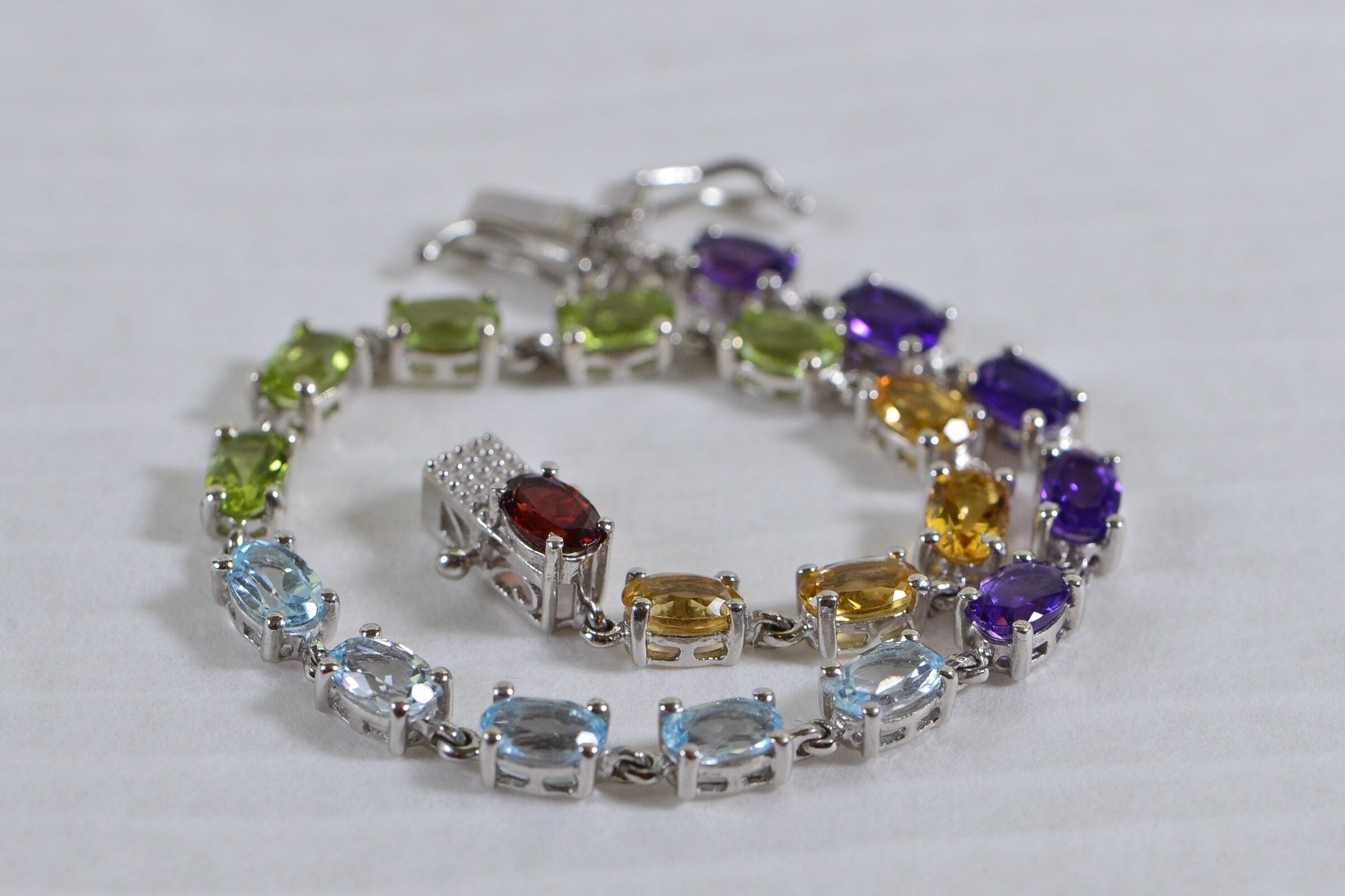 Multi Gemstone Tennis Bracelet: Garnet, Topaz, Peridot, Citrine, Amethyst, Sterling Silver