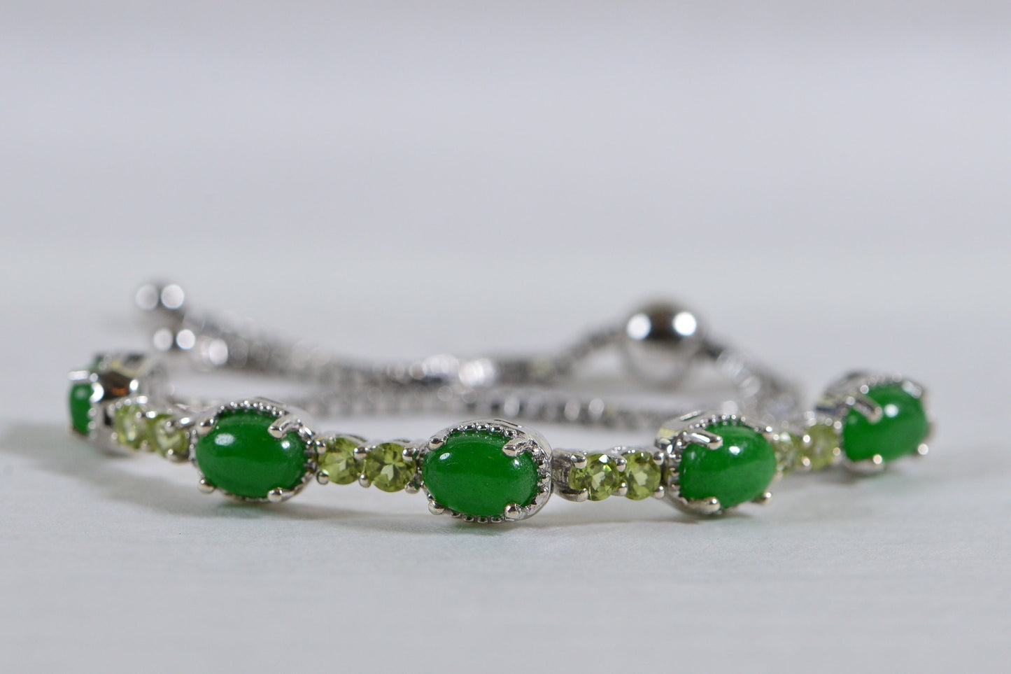 Apple Green Jade Peridot Bracelet: Sterling Silver Adjustable Bolo Style