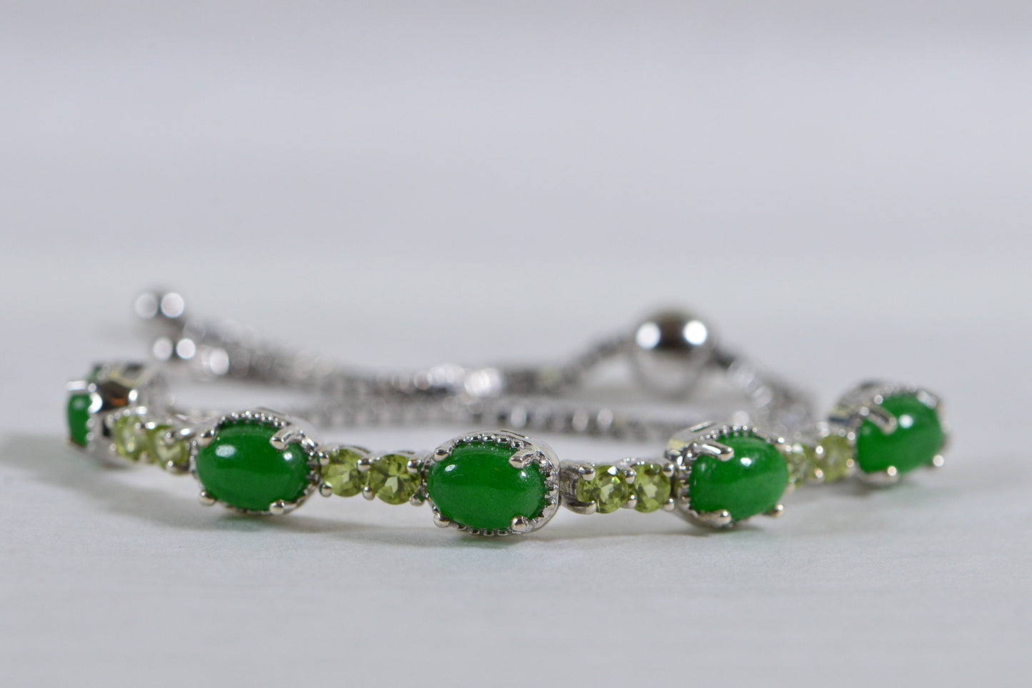 Apple Green Jade Peridot Bracelet: Sterling Silver Adjustable Bolo Style