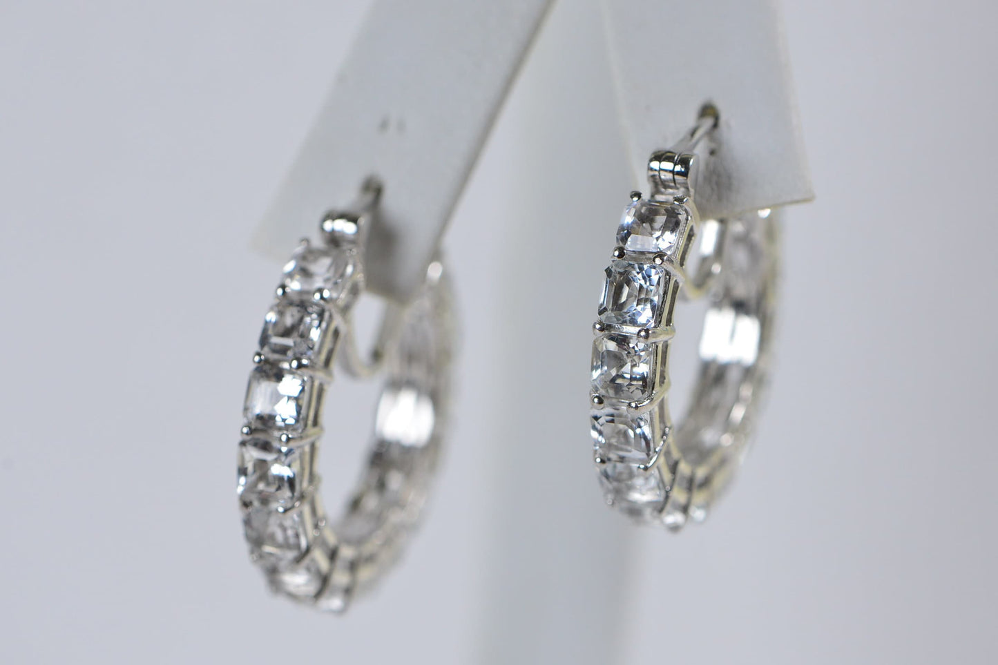 White Topaz Hoop Earrings: Sterling Silver Cushion Cut