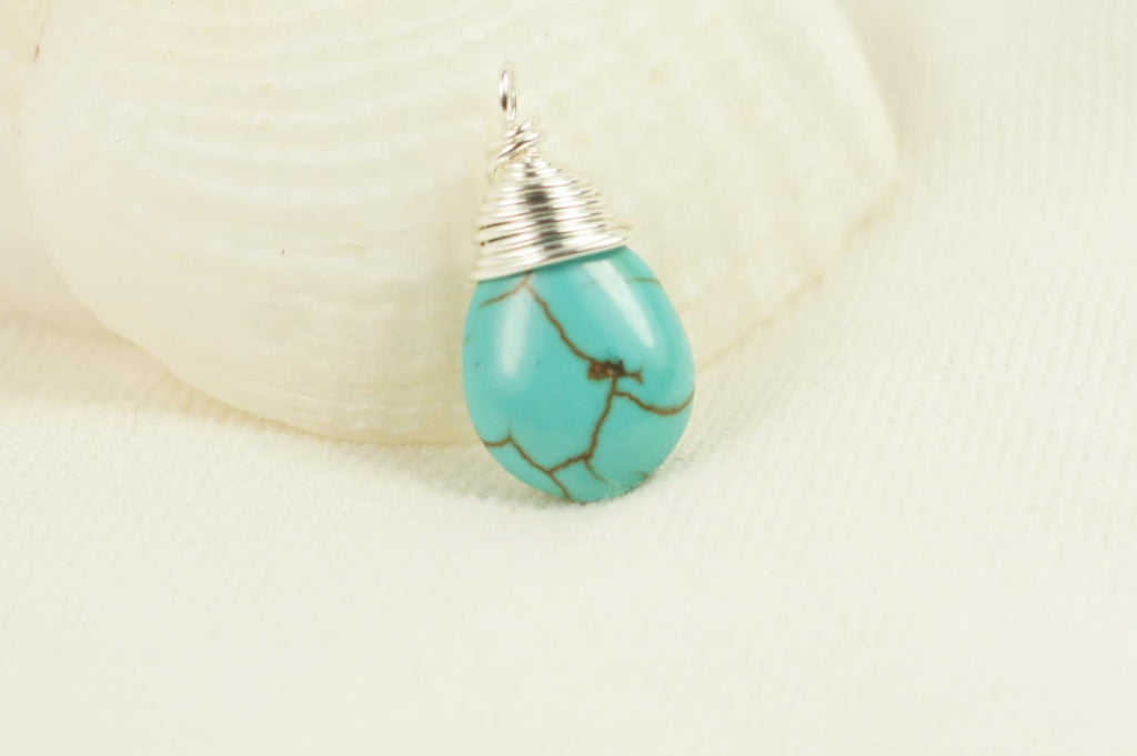 Natural Turquoise Wire Wrapped Briolette On Silver Wire Add Dangle