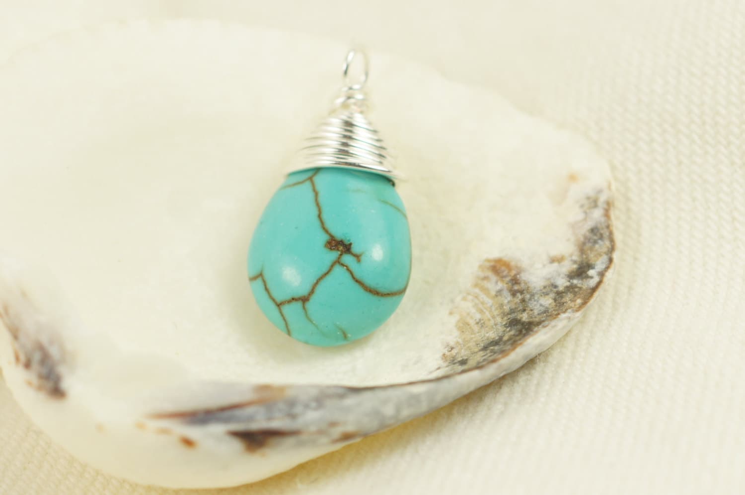 Natural Turquoise Wire Wrapped Briolette On Silver Wire Add Dangle