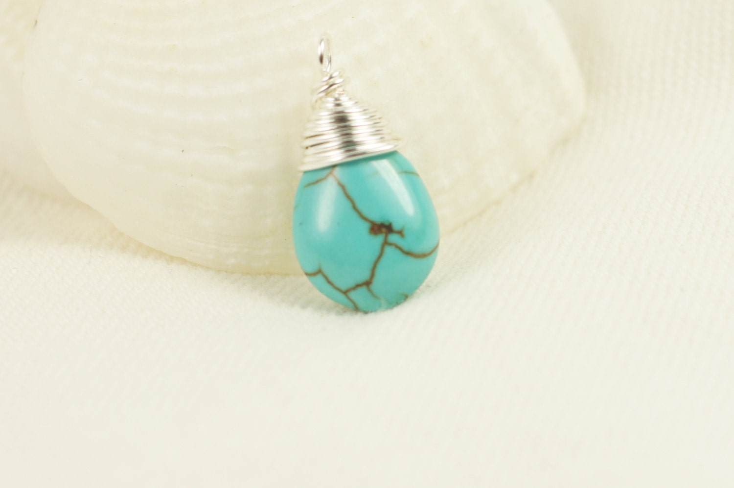 Natural Turquoise Wire Wrapped Briolette On Silver Wire Add Dangle