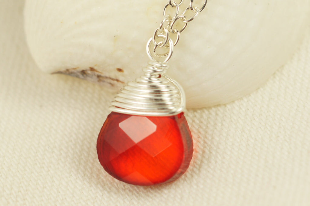 Silver Wire Wrapped Red Crystal Teardrop Pendant