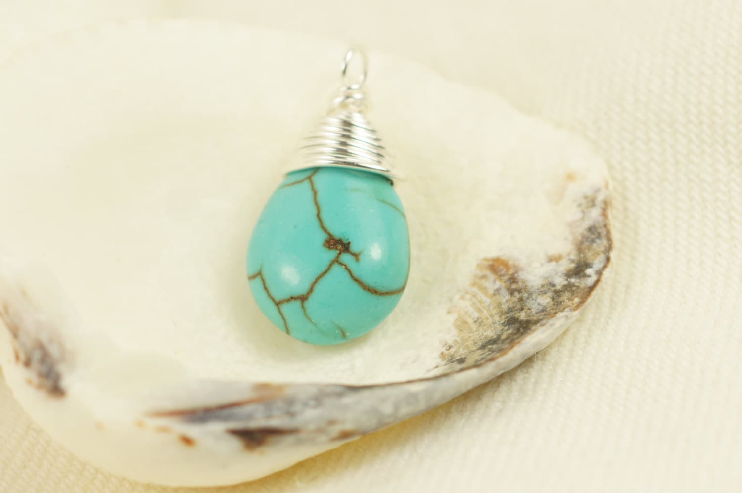 Natural Turquoise Wire Wrapped Briolette On Silver Wire Add Dangle