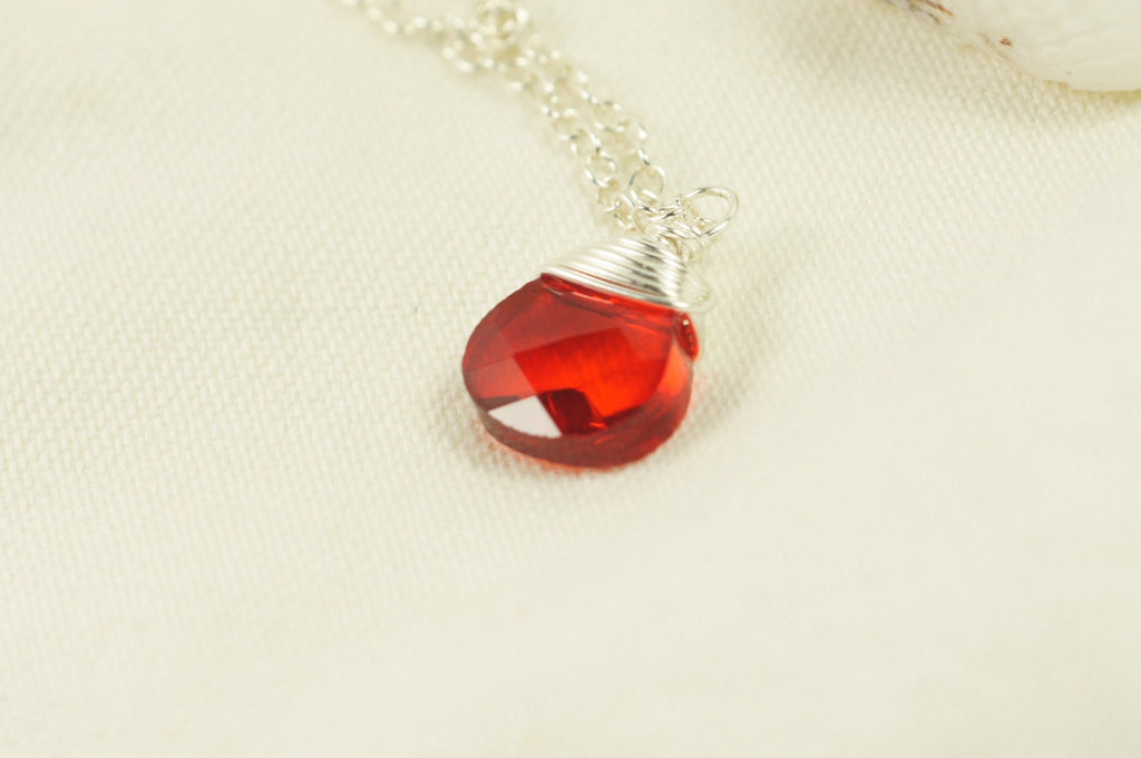 Silver Wire Wrapped Red Crystal Teardrop Pendant