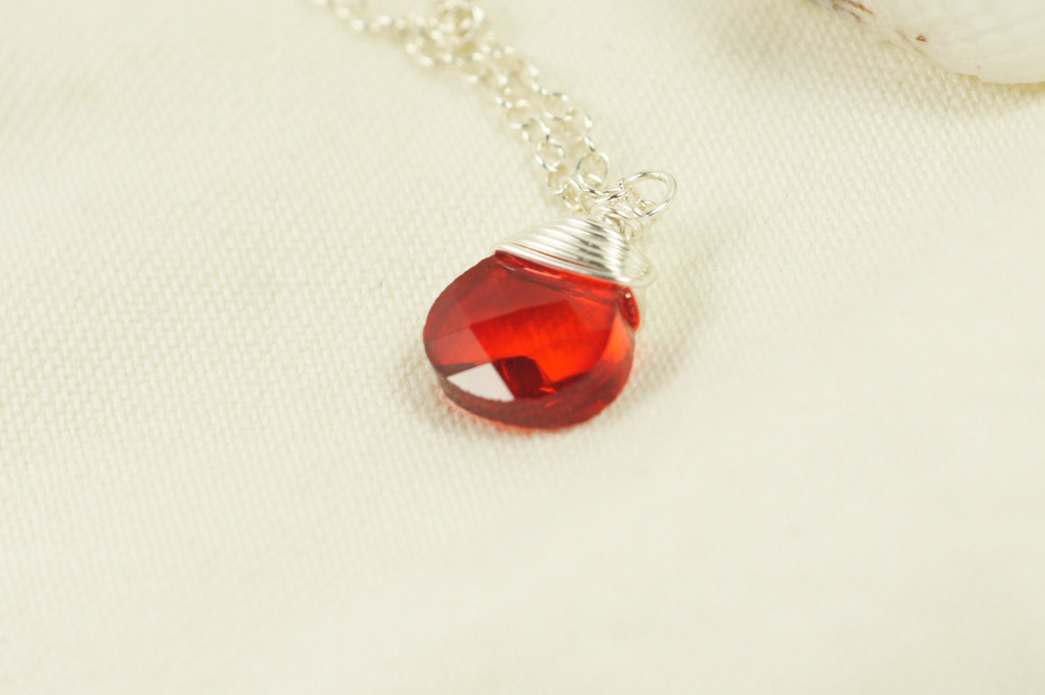 Silver Wire Wrapped Red Crystal Teardrop Pendant