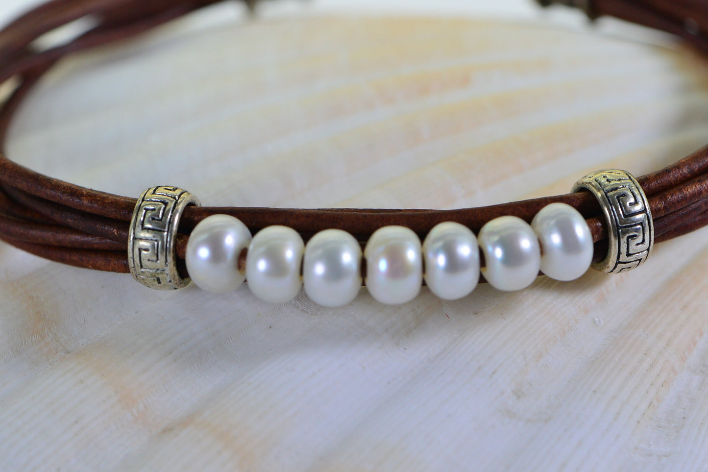 Multi Strand Leather Bracelet: Freshwater Pearl & Sterling Silver