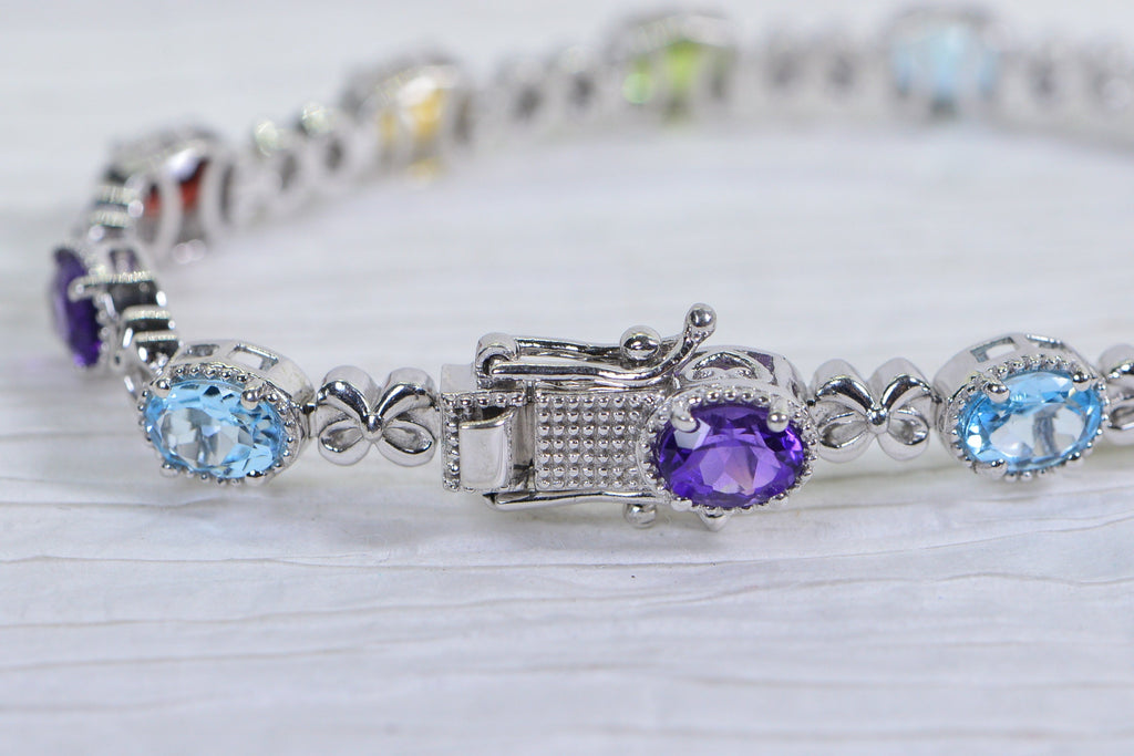 Multi Gemstone Tennis Bracelet: Garnet, Topaz, Citrine, Peridot, Sterling Silver