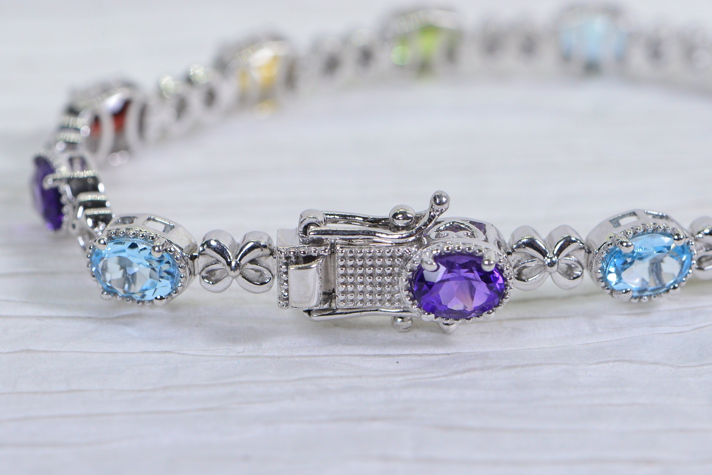 Multi Gemstone Tennis Bracelet: Garnet, Topaz, Citrine, Peridot, Sterling Silver