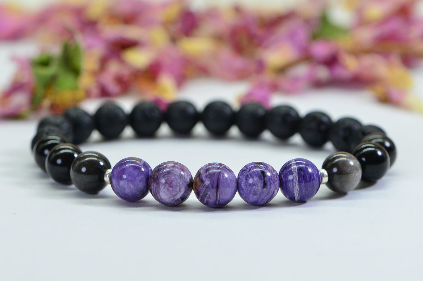 Charoite Bracelet: Silver Obsidian & Black Lava, Round Gemstone