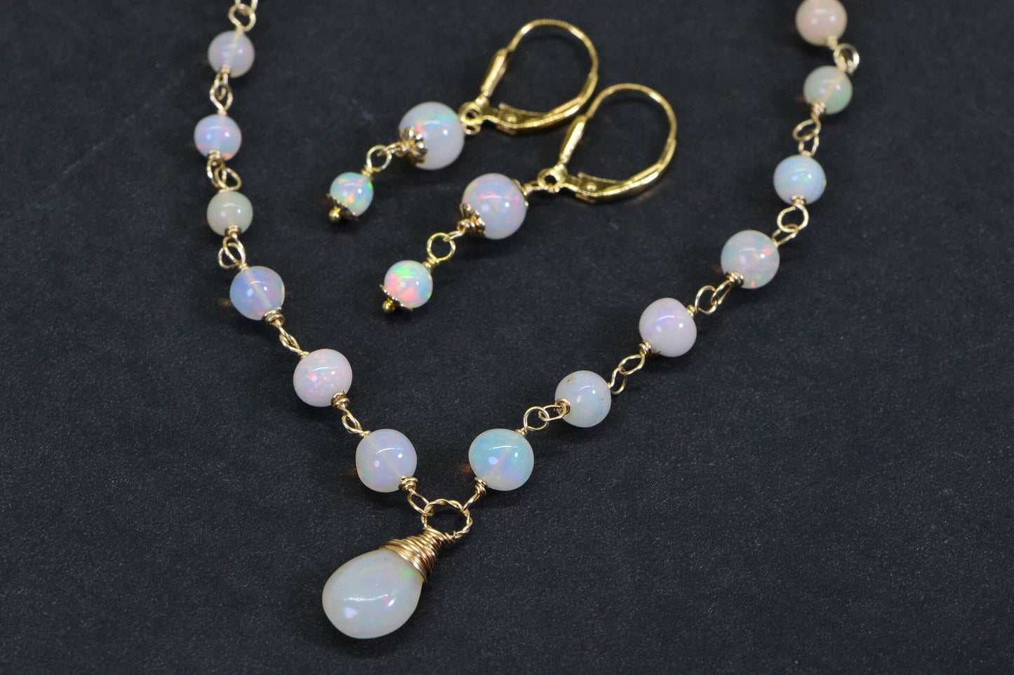 14K Gold Filled Ethiopian Opal Necklace and Earrings Set
