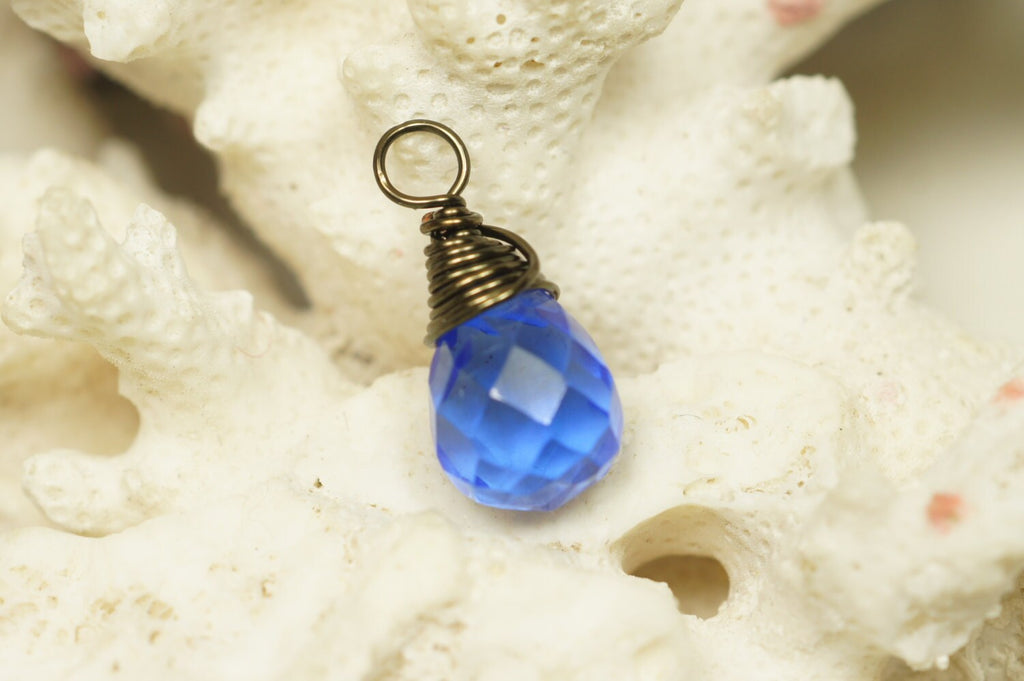 Bronze Wire Wrapped Blue Crystal Teardrop Pendant
