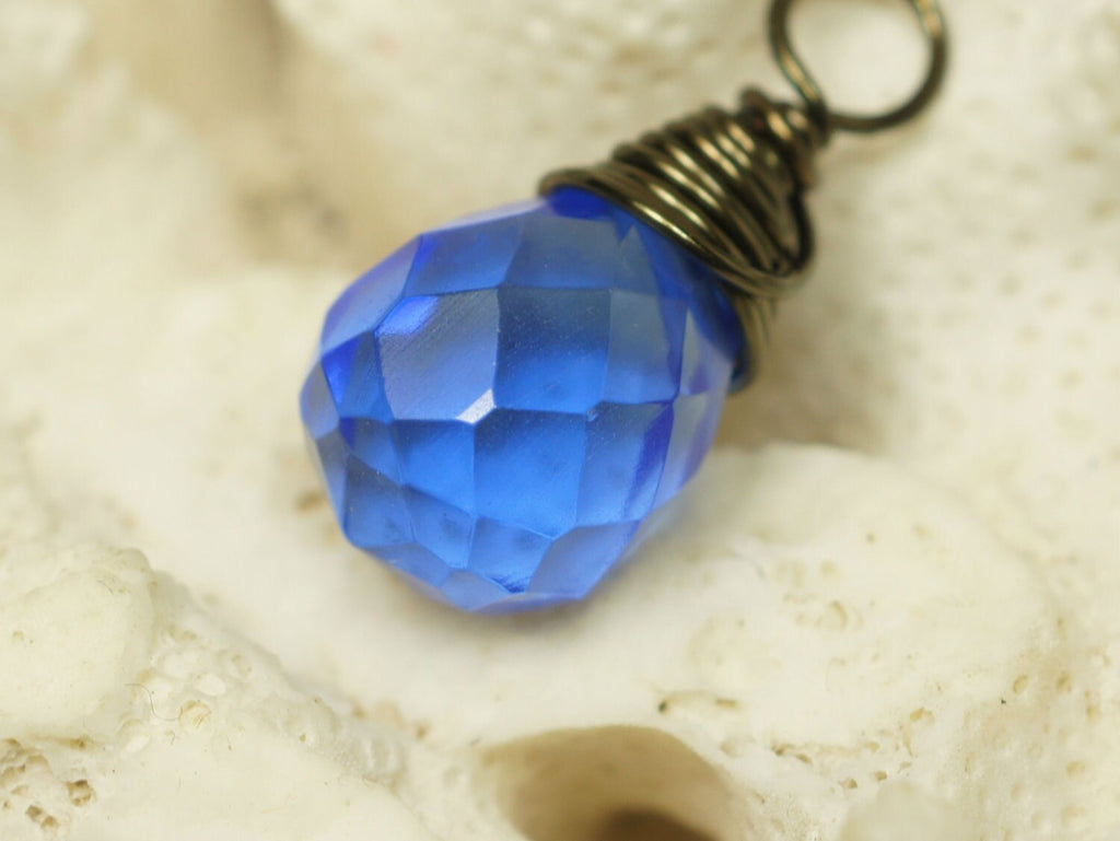 Bronze Wire Wrapped Blue Crystal Teardrop Pendant