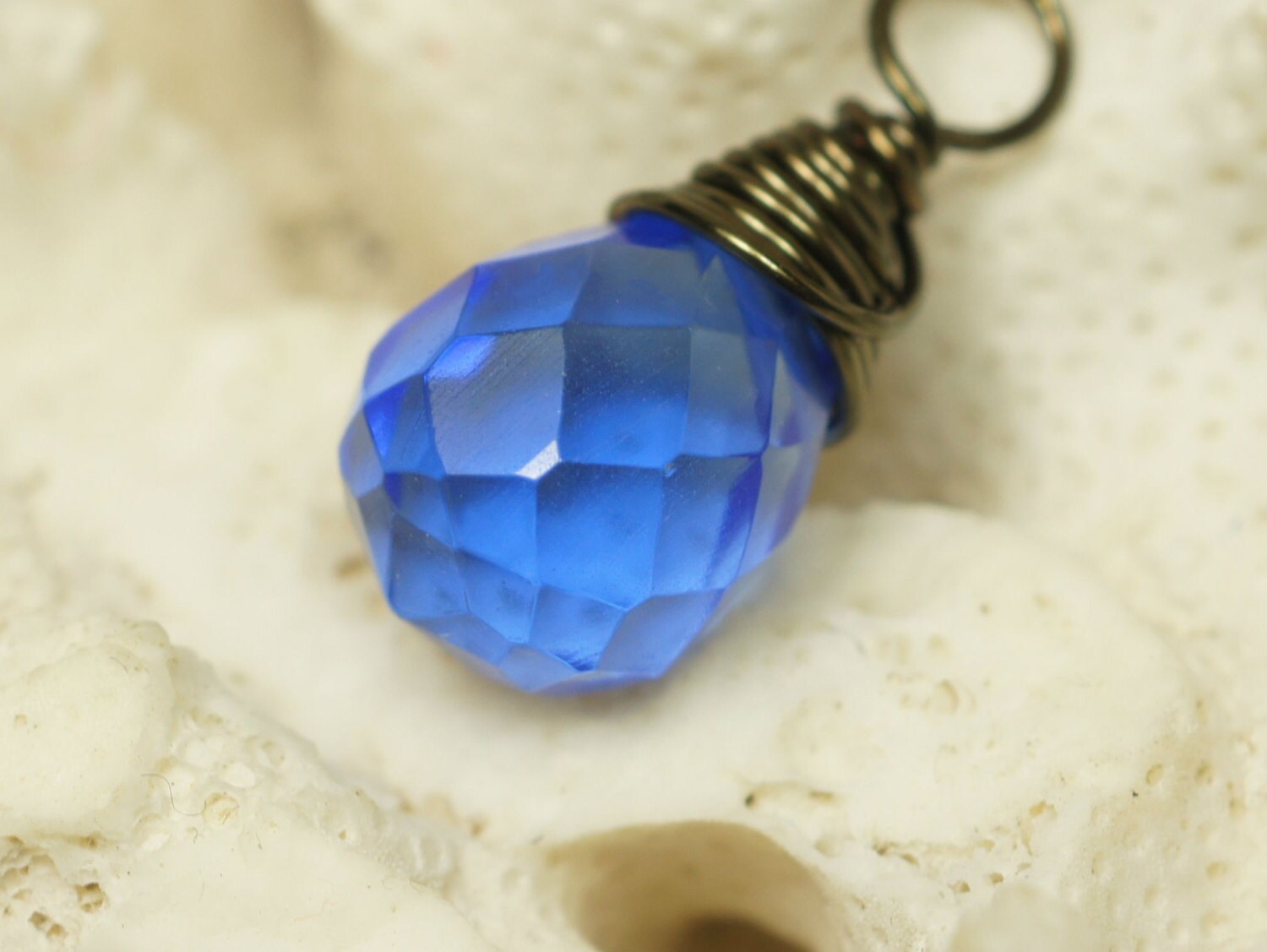 Bronze Wire Wrapped Blue Crystal Teardrop Pendant