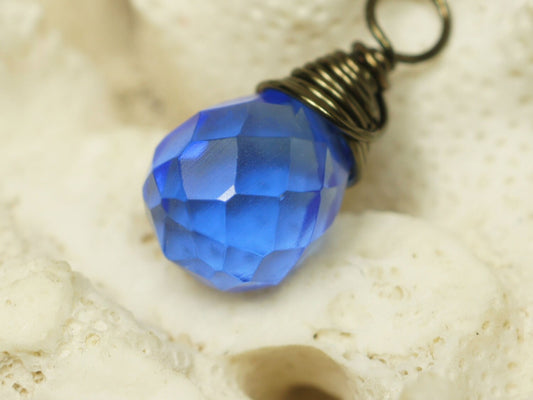 Bronze Wire Wrapped Blue Crystal Teardrop Pendant