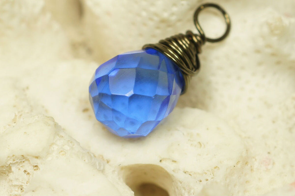 Bronze Wire Wrapped Blue Crystal Teardrop Pendant