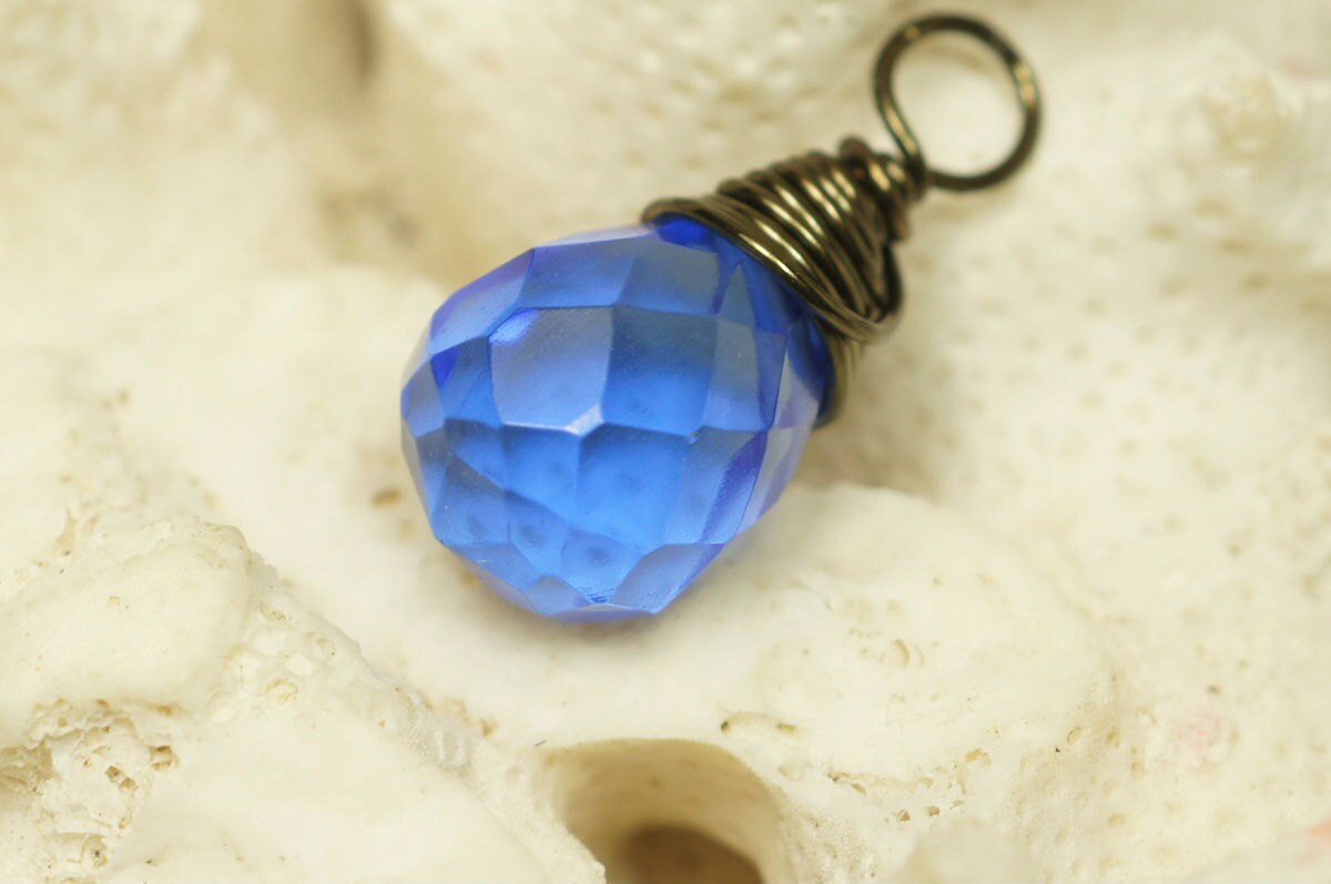 Bronze Wire Wrapped Blue Crystal Teardrop Pendant
