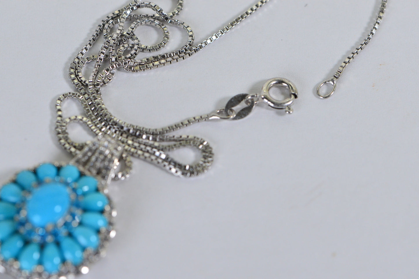 Sleeping Beauty Turquoise Flower Pendant, Neon Apatite Halo, Sterling Silver