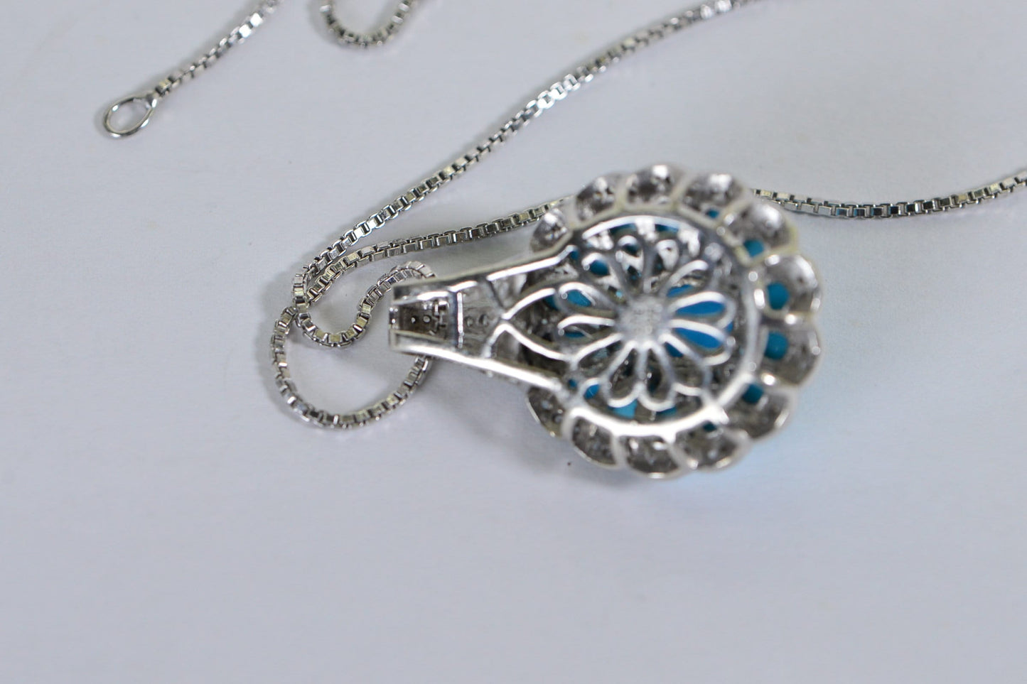 Sleeping Beauty Turquoise Flower Pendant, Neon Apatite Halo, Sterling Silver