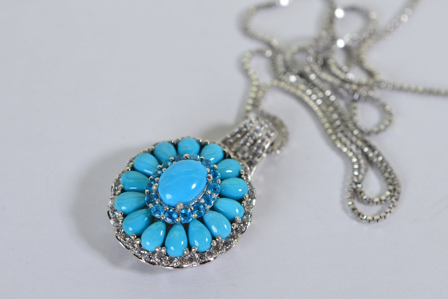 Sleeping Beauty Turquoise Flower Pendant, Neon Apatite Halo, Sterling Silver
