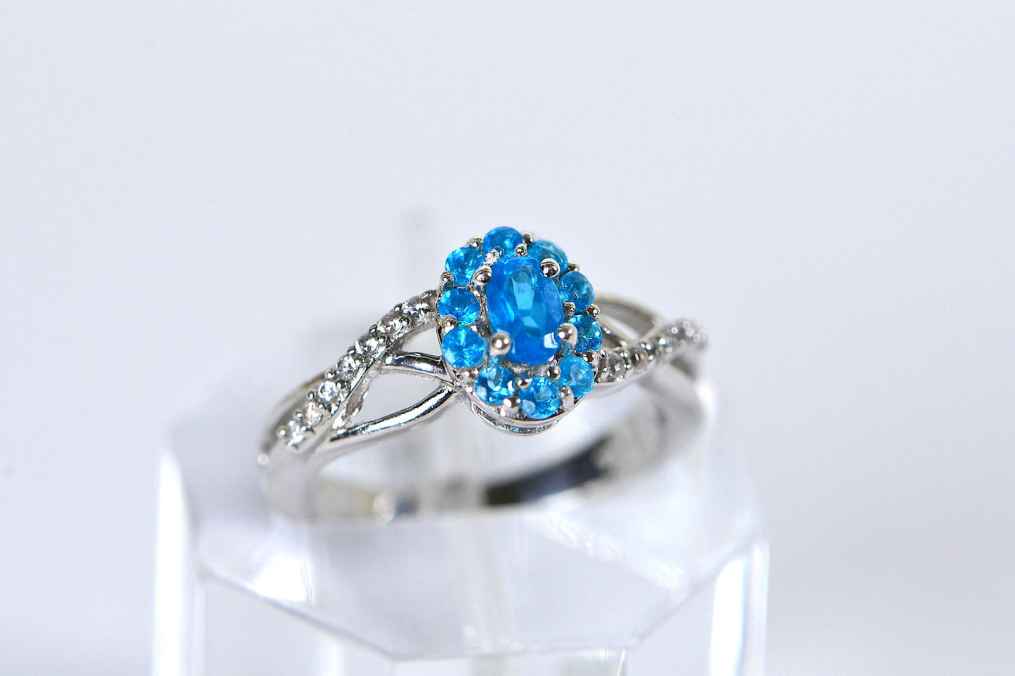 Neon Apatite Flower Ring: 14K White Gold Over Sterling Silver