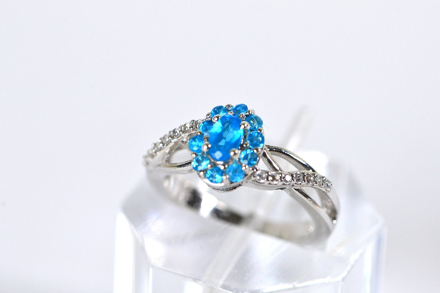 Neon Apatite Flower Ring: 14K White Gold Over Sterling Silver