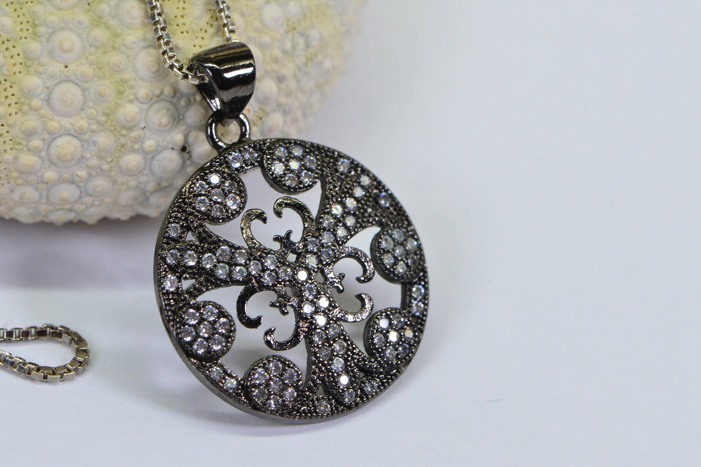 Black Rhodium Sterling Silver Filigree Flower Pendant Necklace