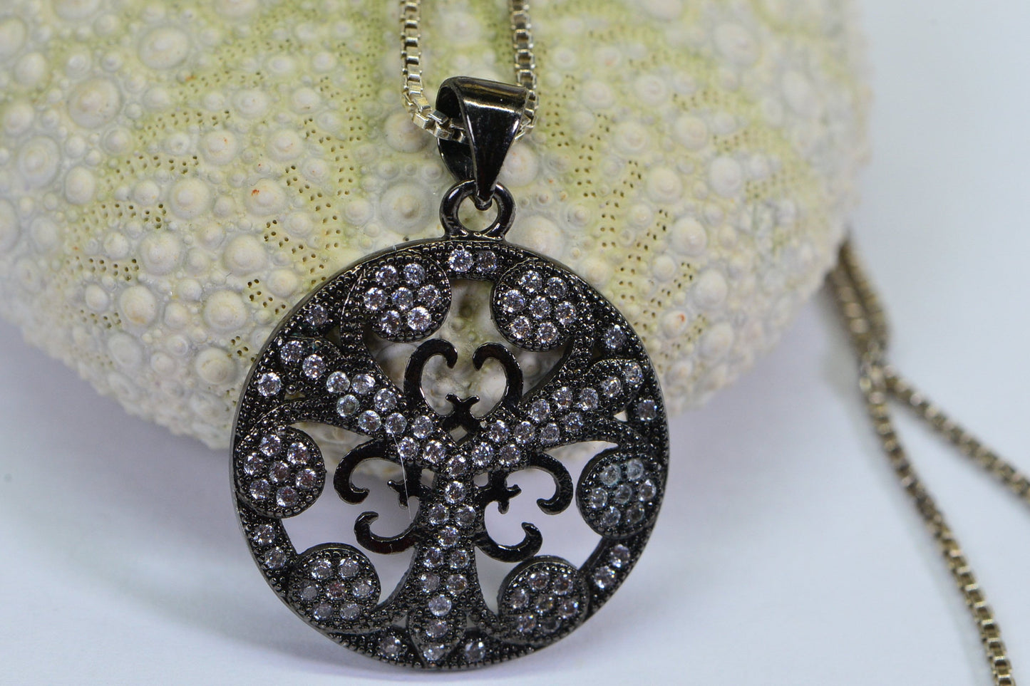 Black Rhodium Sterling Silver Filigree Flower Pendant Necklace