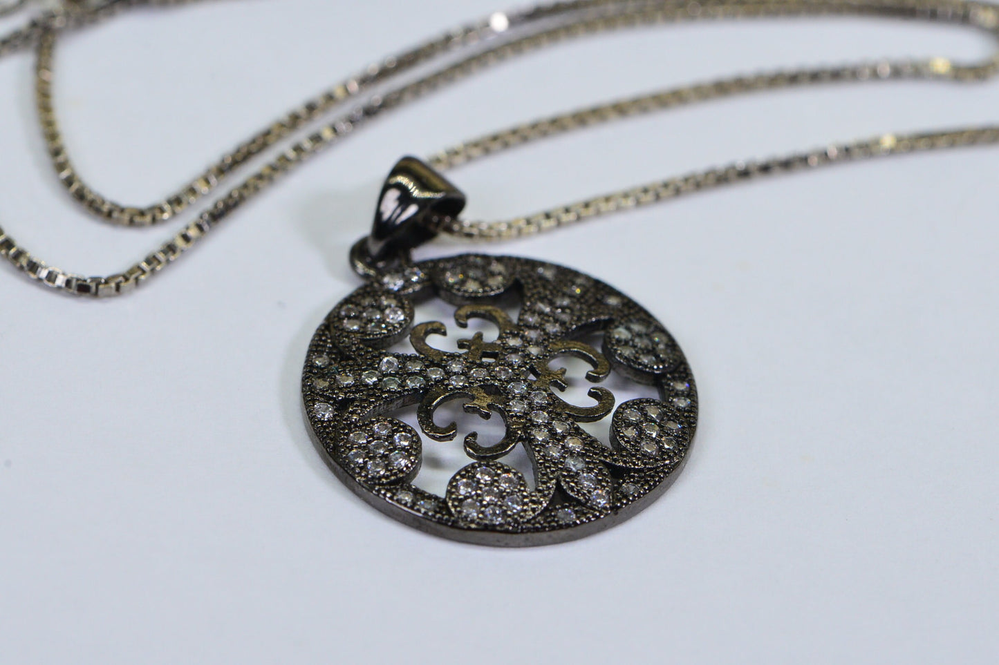 Black Rhodium Sterling Silver Filigree Flower Pendant Necklace