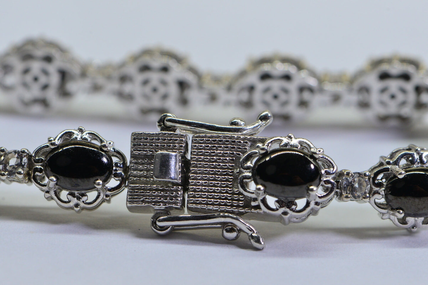 Black Spinel Tennis Bracelet, Simulated Diamond, Platinum Over Sterling Silver