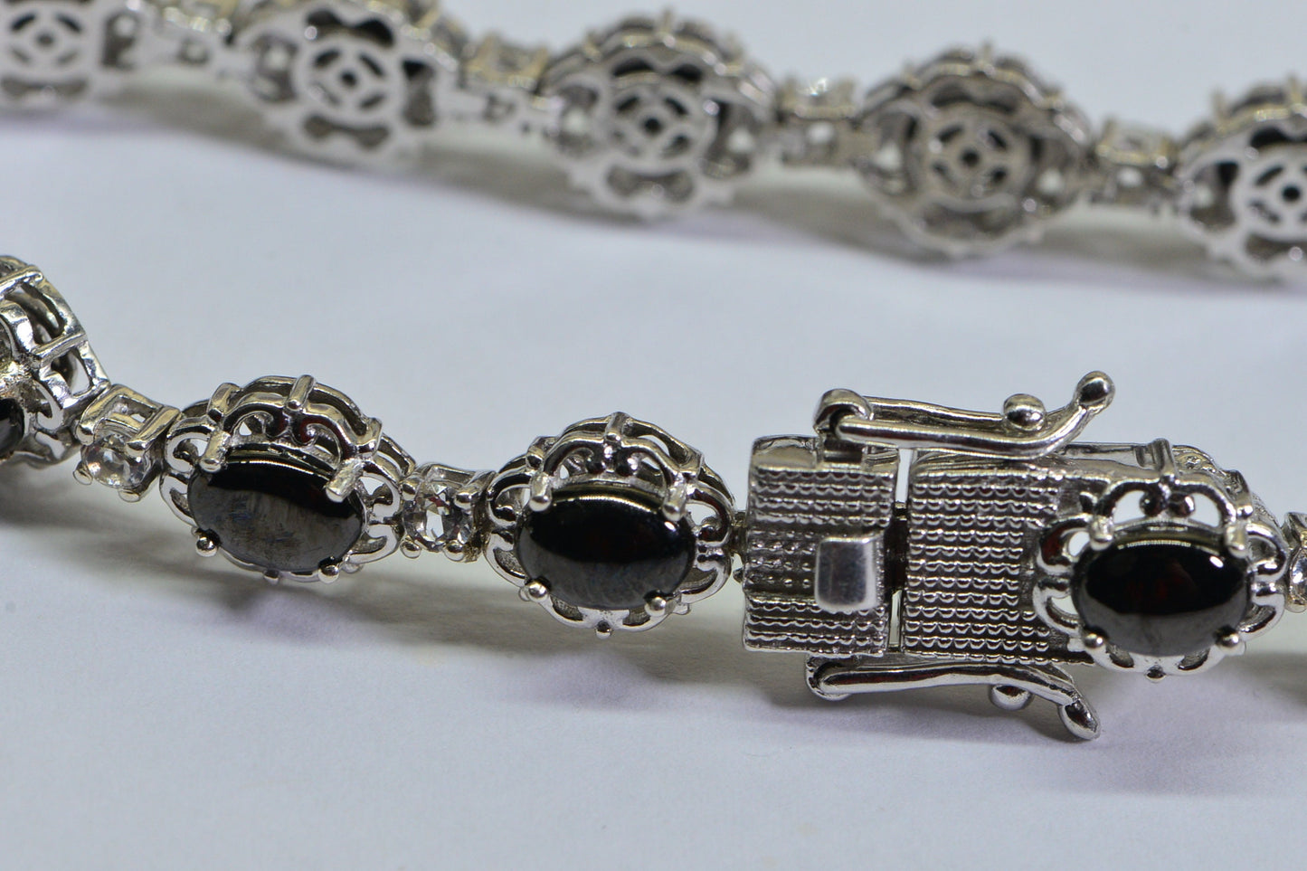 Black Spinel Tennis Bracelet, Simulated Diamond, Platinum Over Sterling Silver