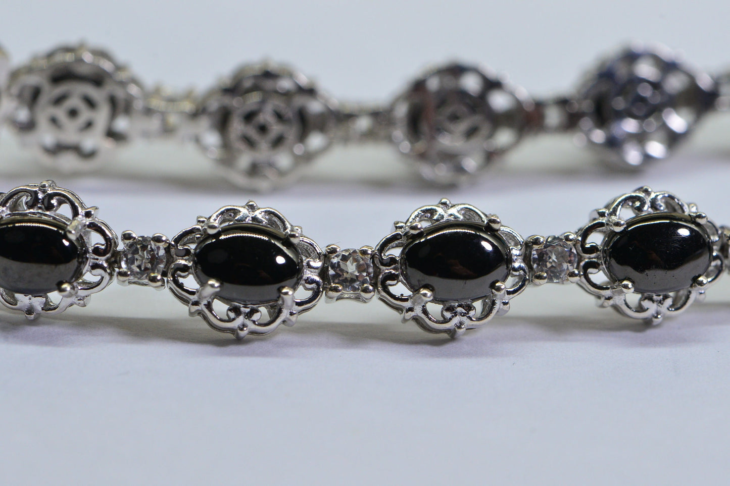 Black Spinel Tennis Bracelet, Simulated Diamond, Platinum Over Sterling Silver
