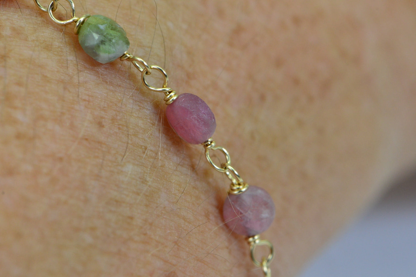 Pink Green Tourmaline Bracelet: 14K Gold Filled Wire Wrapped Gemstone