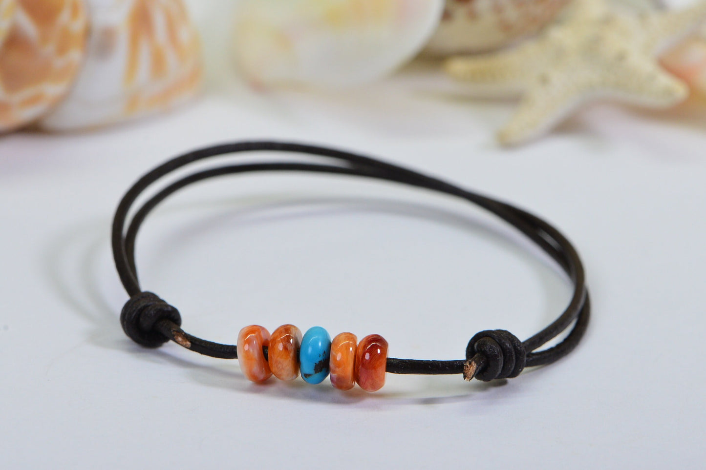 Turquoise Beaded Leather Cord Bracelet: Adjustable Friendship Jewelry