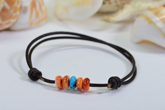 Turquoise Beaded Leather Cord Bracelet: Adjustable Friendship Jewelry
