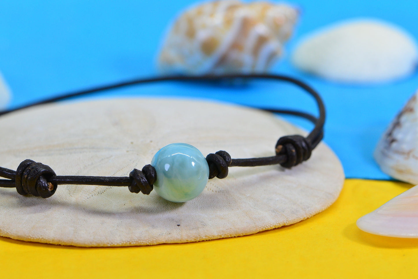 Larimar Bracelet: Brown Leather Adjustable Bohemian Gemstone