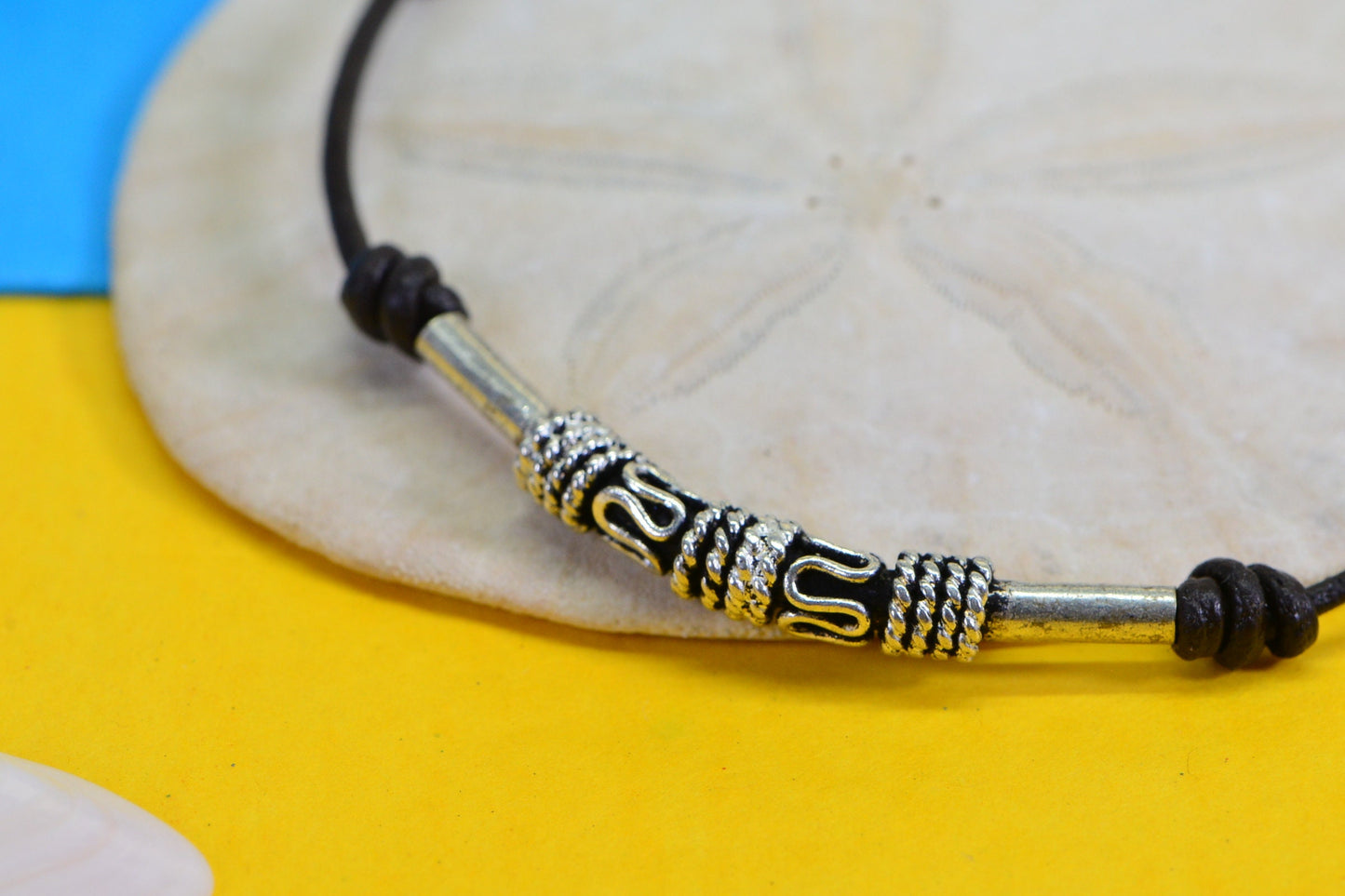 Brown Leather Knot Bracelet: Sterling Silver Tube Bead, Adjustable Cord