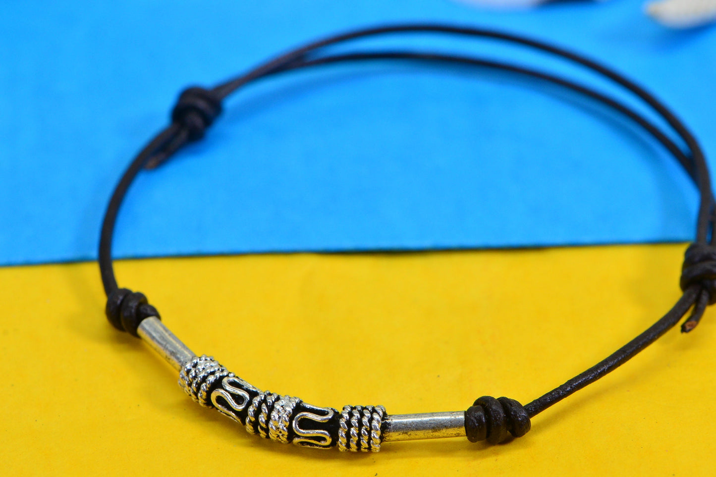 Brown Leather Knot Bracelet: Sterling Silver Tube Bead, Adjustable Cord