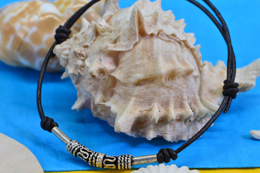 Brown Leather Knot Bracelet: Sterling Silver Tube Bead, Adjustable Cord