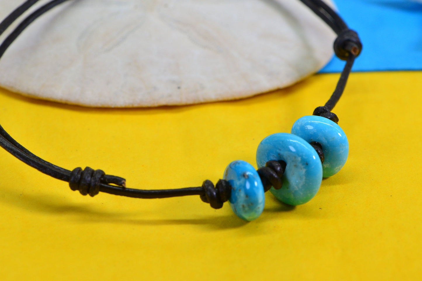 Sleeping Beauty Turquoise Bracelet: Natural Leather Cord, Adjustable Fit