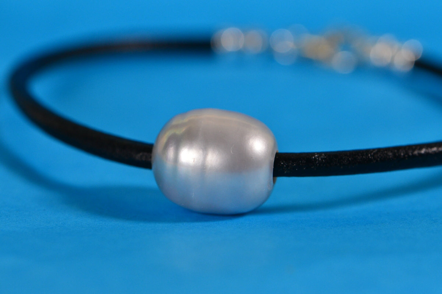 Gray Pearl Bracelet: 3mm Black Leather Cord, Sterling Silver Clasp