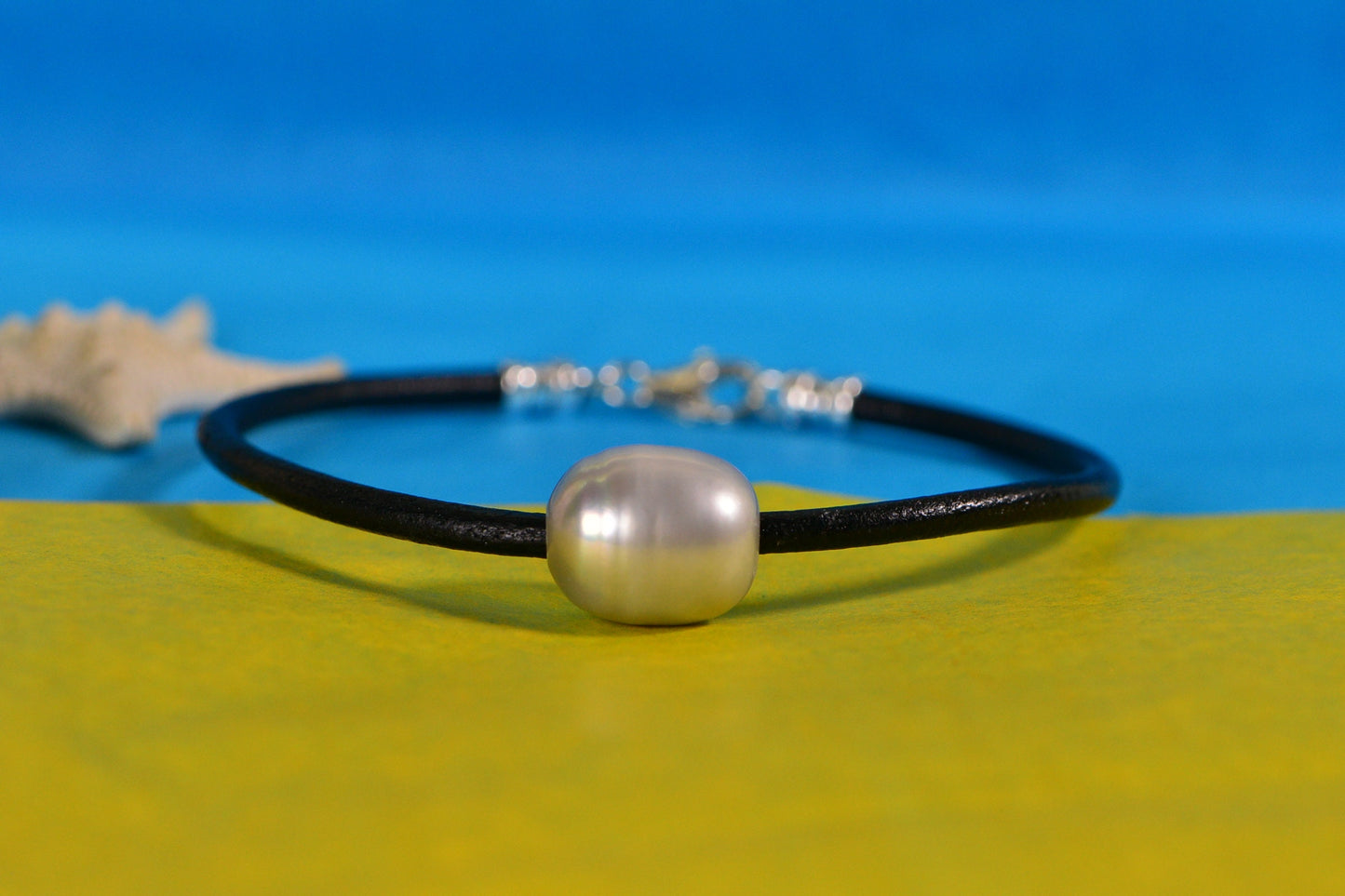 Gray Pearl Bracelet: 3mm Black Leather Cord, Sterling Silver Clasp